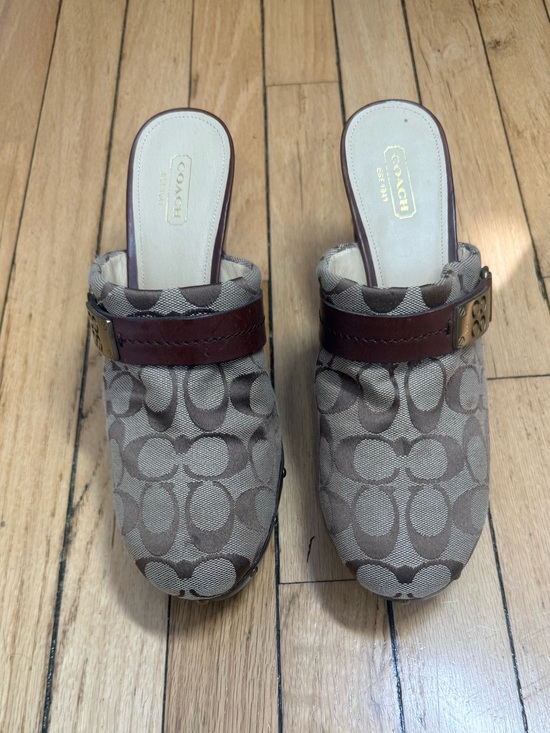 Coach Shoes - COACH Women's Signature Canvas Clog Mule - Brown wooden heel